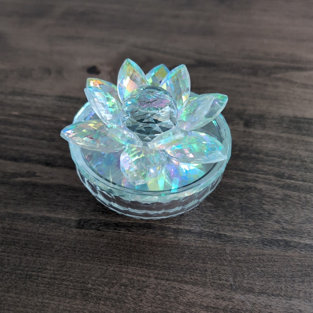 Sagebrook Home Crystal Lotus Trinket Box Iridescent Rainbow Glass Flower Jar Lid